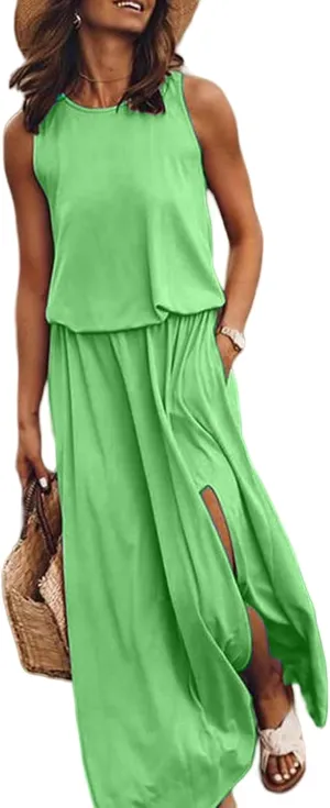 Summer Dresses for Women 2025 Sleeveless Crewneck Maxi Dress Ruffle Casual Dresses Beach Vacation Party Sundress