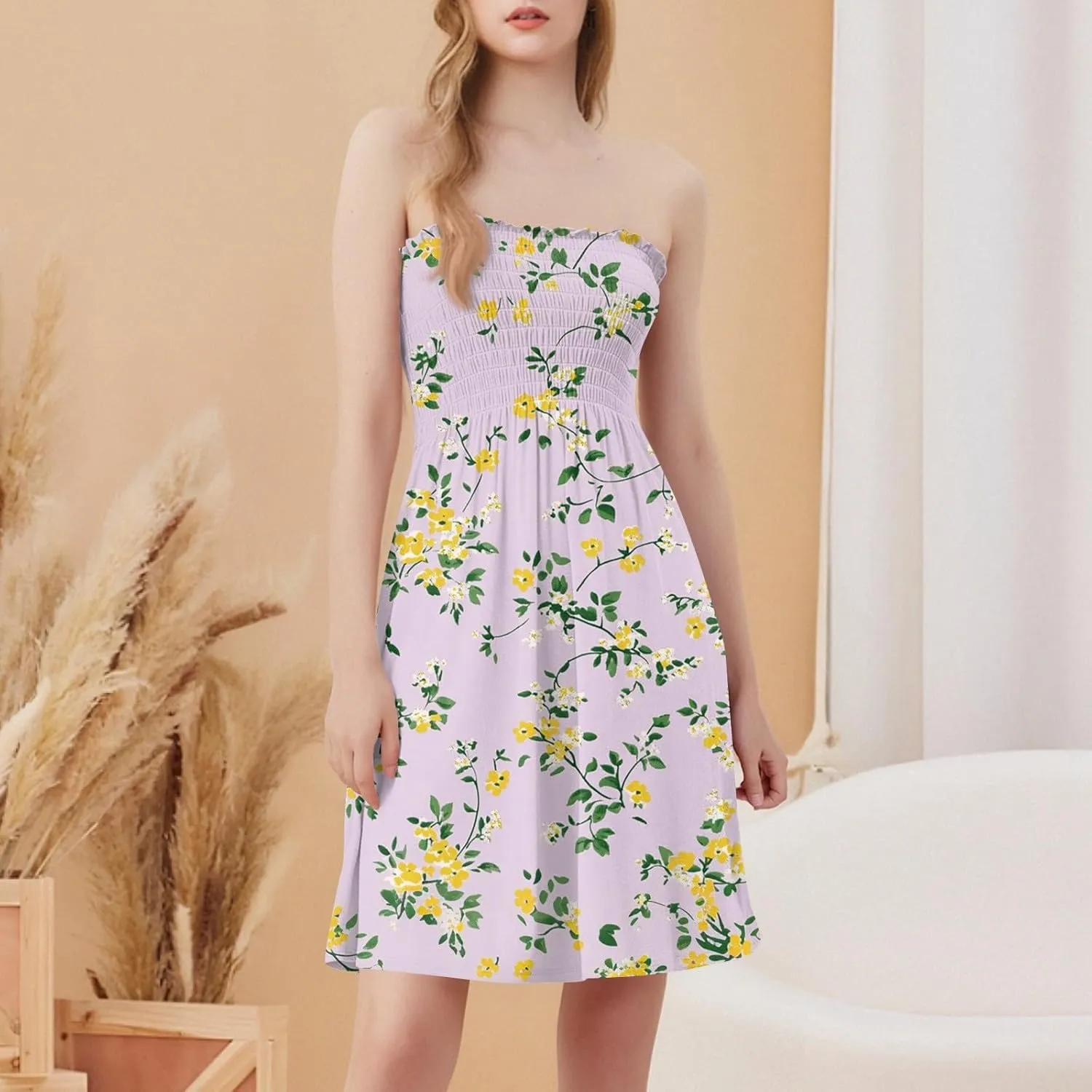 Summer Dresses for Women 2025 Strapless Floral Tube Dress Off shouldes Mini Boho Sundress Smocked Ruffle Sun Dress