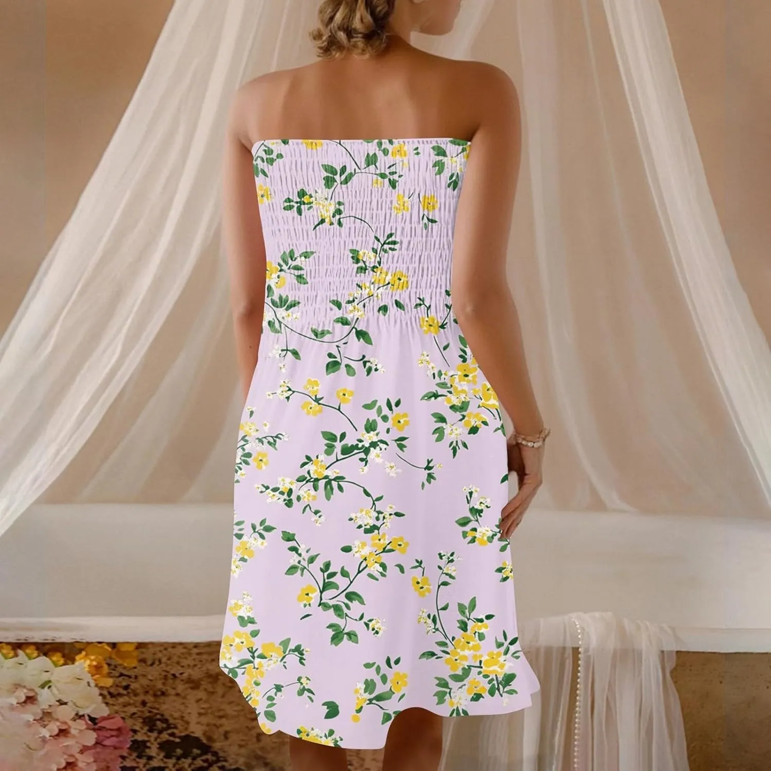 Summer Dresses for Women 2025 Strapless Floral Tube Dress Off shouldes Mini Boho Sundress Smocked Ruffle Sun Dress