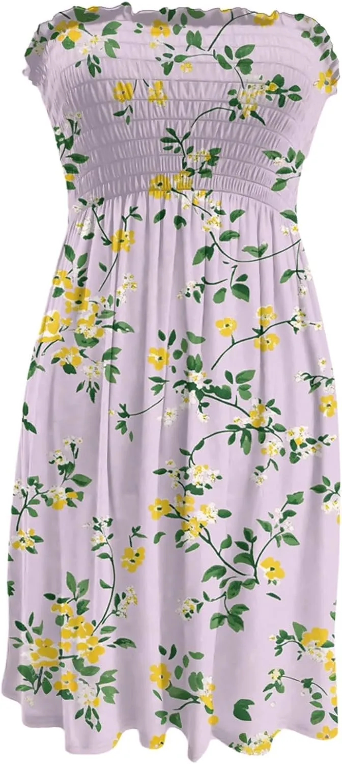 Summer Dresses for Women 2025 Strapless Floral Tube Dress Off shouldes Mini Boho Sundress Smocked Ruffle Sun Dress