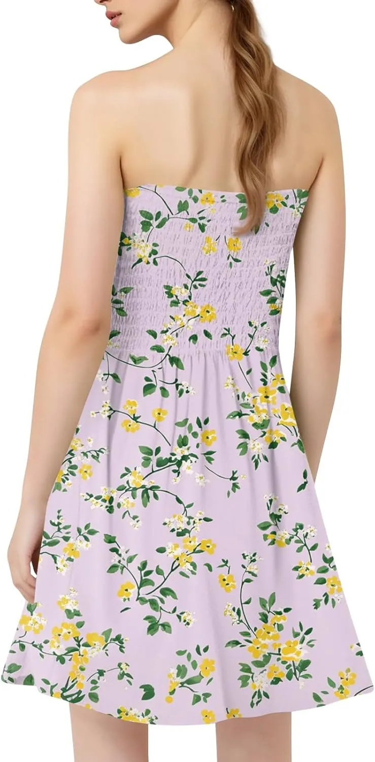 Summer Dresses for Women 2025 Strapless Floral Tube Dress Off shouldes Mini Boho Sundress Smocked Ruffle Sun Dress