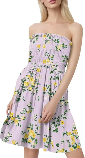 Summer Dresses for Women 2025 Strapless Floral Tube Dress Off shouldes Mini Boho Sundress Smocked Ruffle Sun Dress