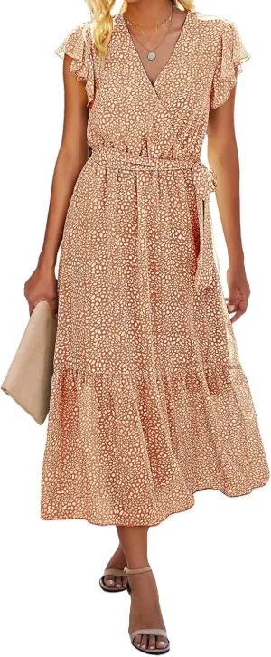 Summer Dresses for Women Boho Casual Wrap V Neck Tie Waist Ruffle Sleeve A Line Midi Sun Dress Tiered Sundress 2025