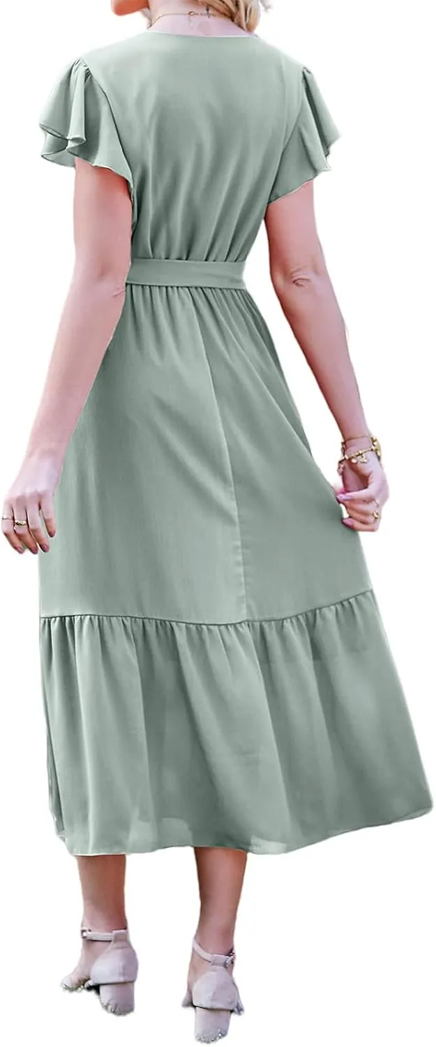 Summer Dresses for Women Boho Casual Wrap V Neck Tie Waist Ruffle Sleeve A Line Midi Sun Dress Tiered Sundress 2025