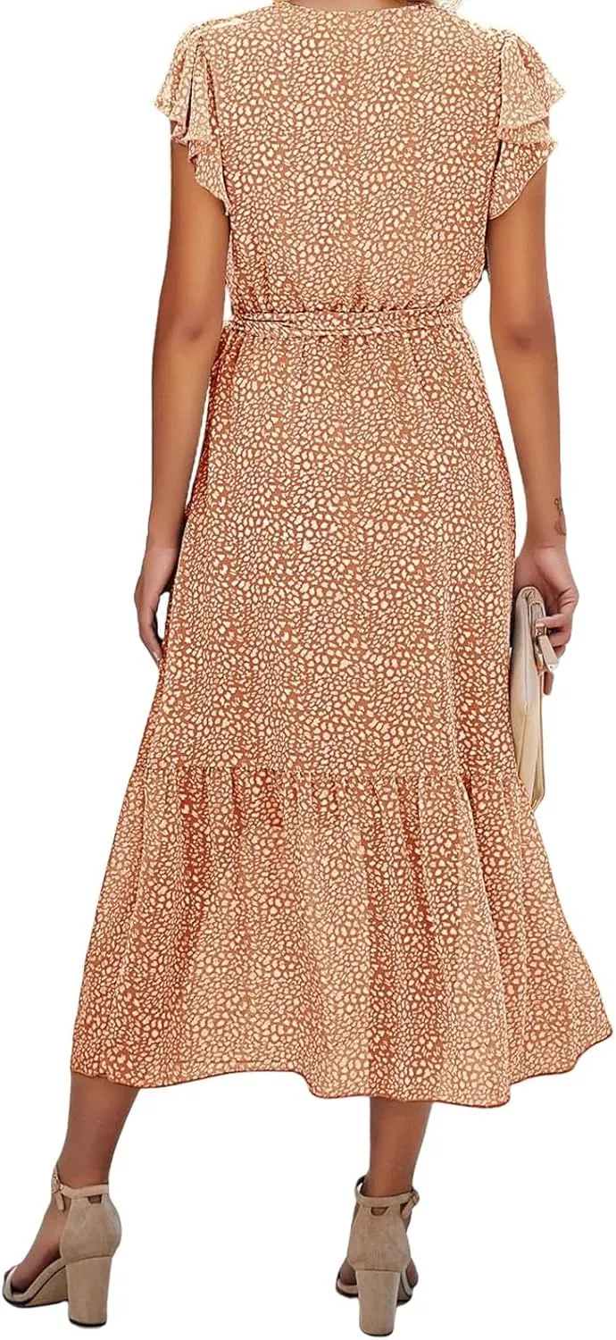 Summer Dresses for Women Boho Casual Wrap V Neck Tie Waist Ruffle Sleeve A Line Midi Sun Dress Tiered Sundress 2025
