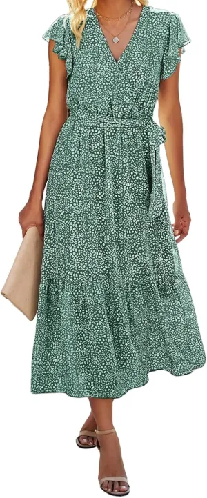 Summer Dresses for Women Boho Casual Wrap V Neck Tie Waist Ruffle Sleeve A Line Midi Sun Dress Tiered Sundress 2025
