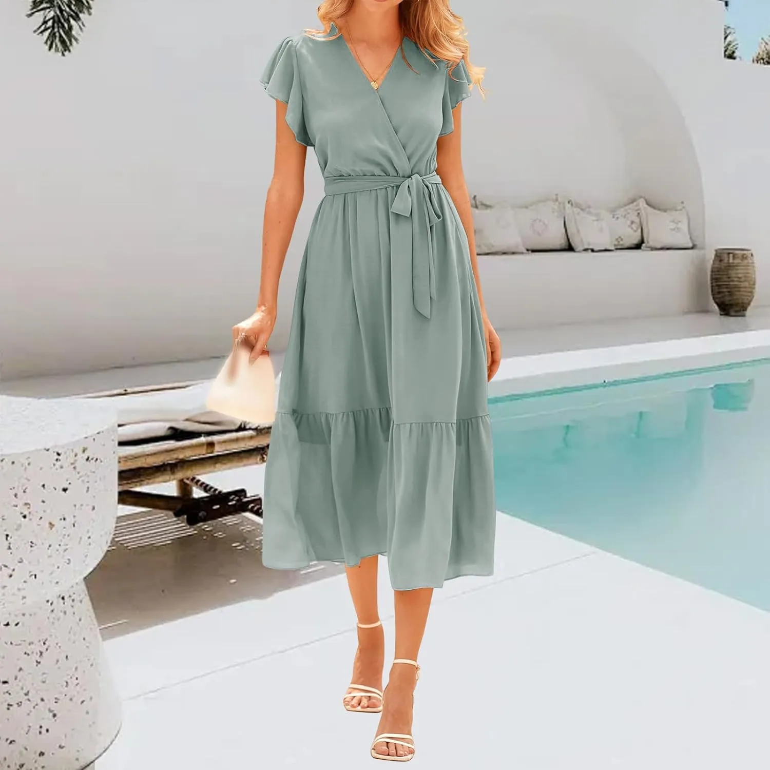 Summer Dresses for Women Boho Casual Wrap V Neck Tie Waist Ruffle Sleeve A Line Midi Sun Dress Tiered Sundress 2025