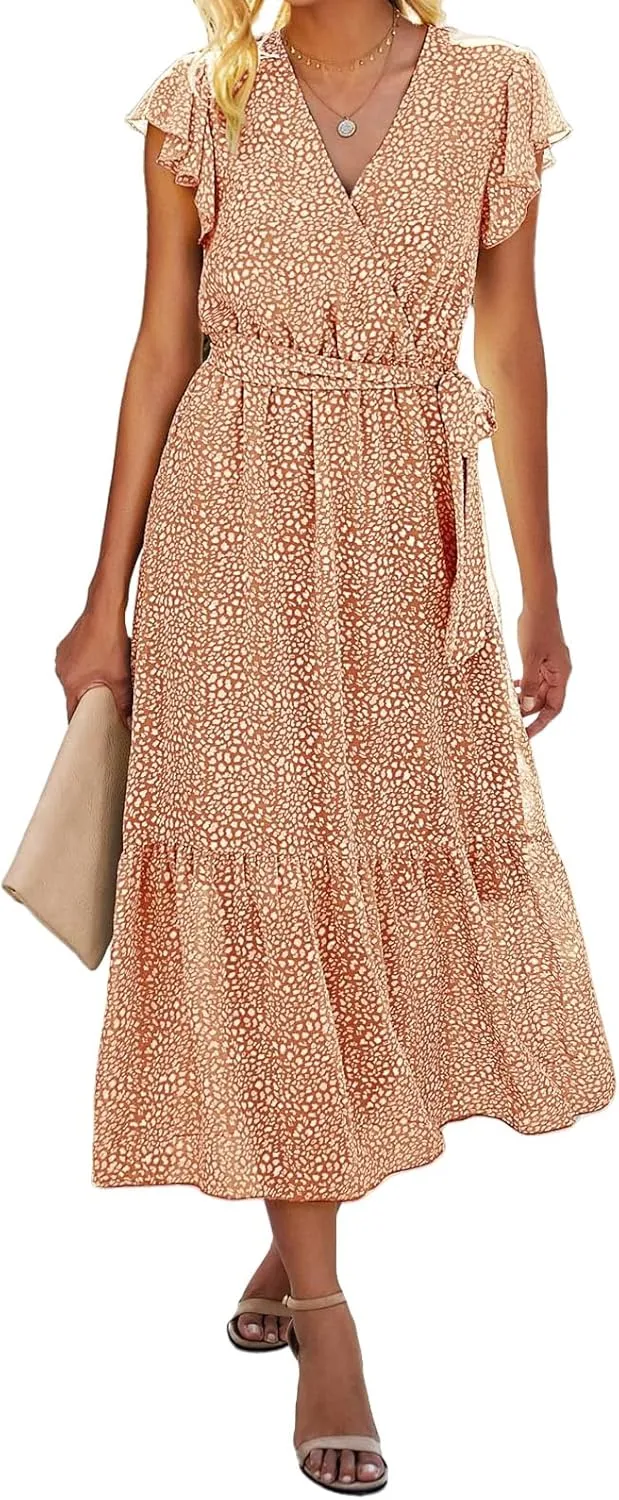 Summer Dresses for Women Boho Casual Wrap V Neck Tie Waist Ruffle Sleeve A Line Midi Sun Dress Tiered Sundress 2025