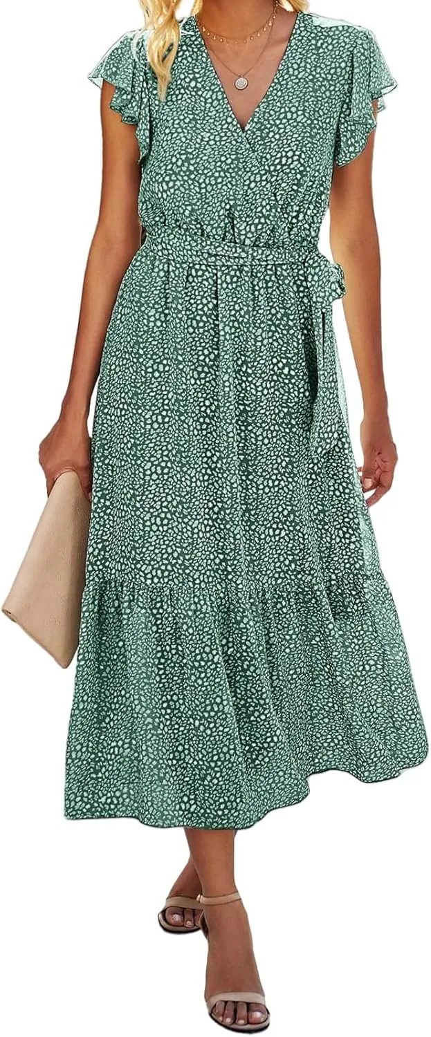 Summer Dresses for Women Boho Casual Wrap V Neck Tie Waist Ruffle Sleeve A Line Midi Sun Dress Tiered Sundress 2025