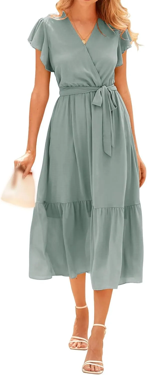 Summer Dresses for Women Boho Casual Wrap V Neck Tie Waist Ruffle Sleeve A Line Midi Sun Dress Tiered Sundress 2025