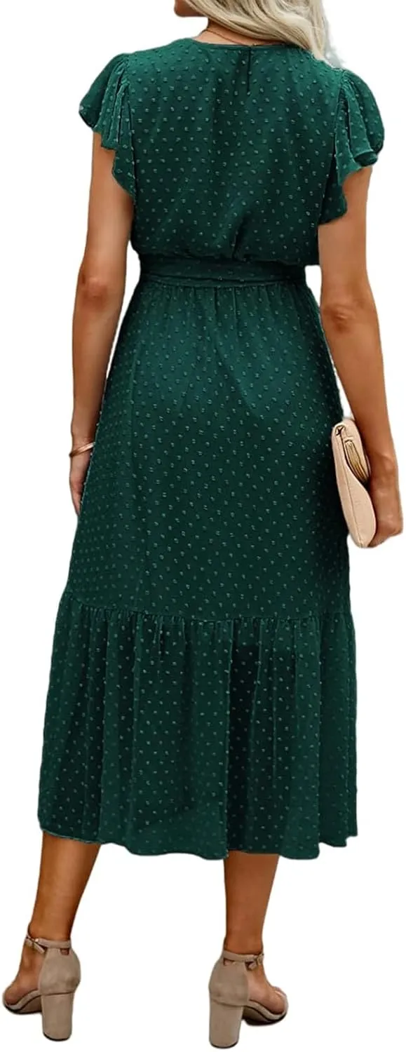 Summer Dresses for Women Boho Casual Wrap V Neck Tie Waist Ruffle Sleeve A Line Midi Sun Dress Tiered Sundress 2025