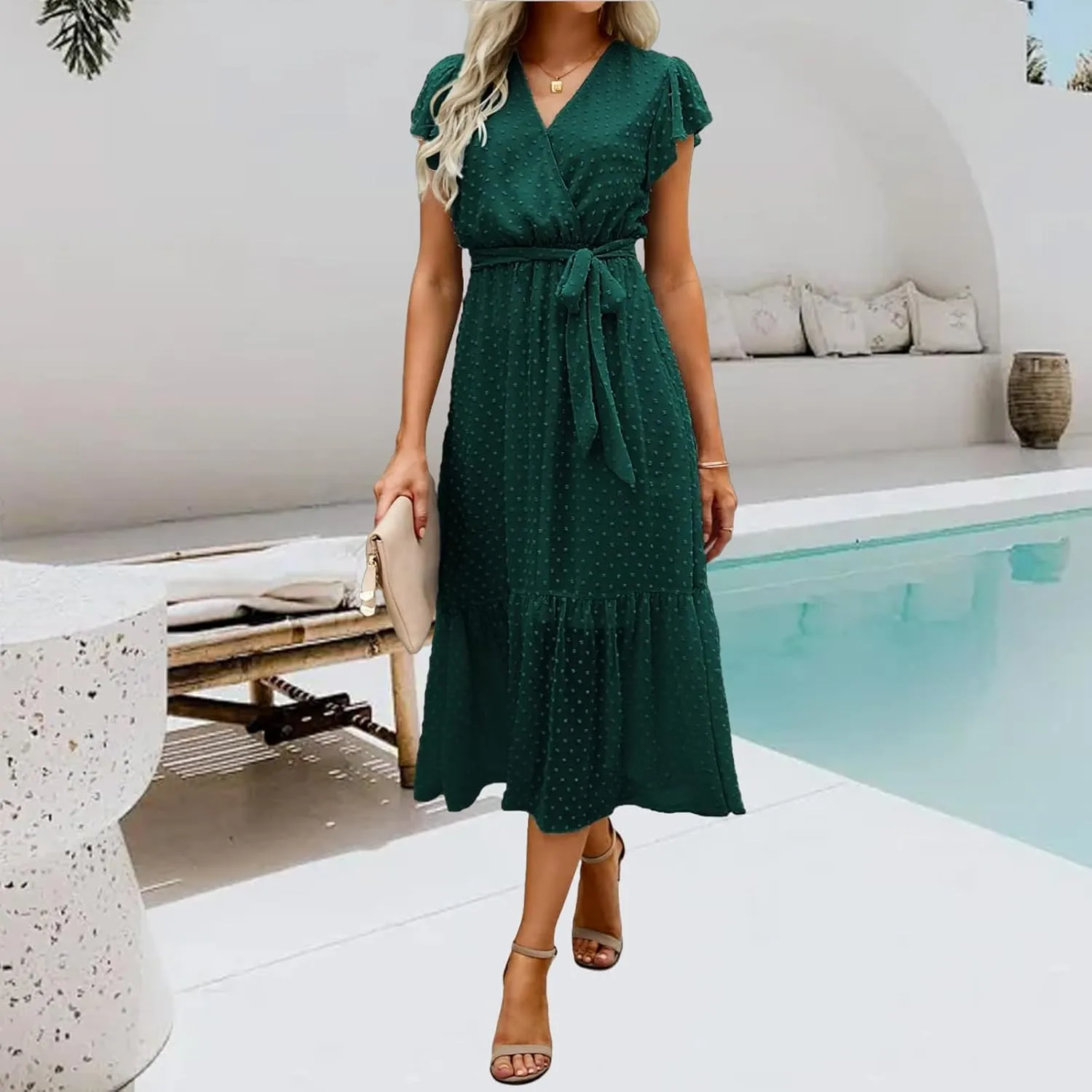 Summer Dresses for Women Boho Casual Wrap V Neck Tie Waist Ruffle Sleeve A Line Midi Sun Dress Tiered Sundress 2025