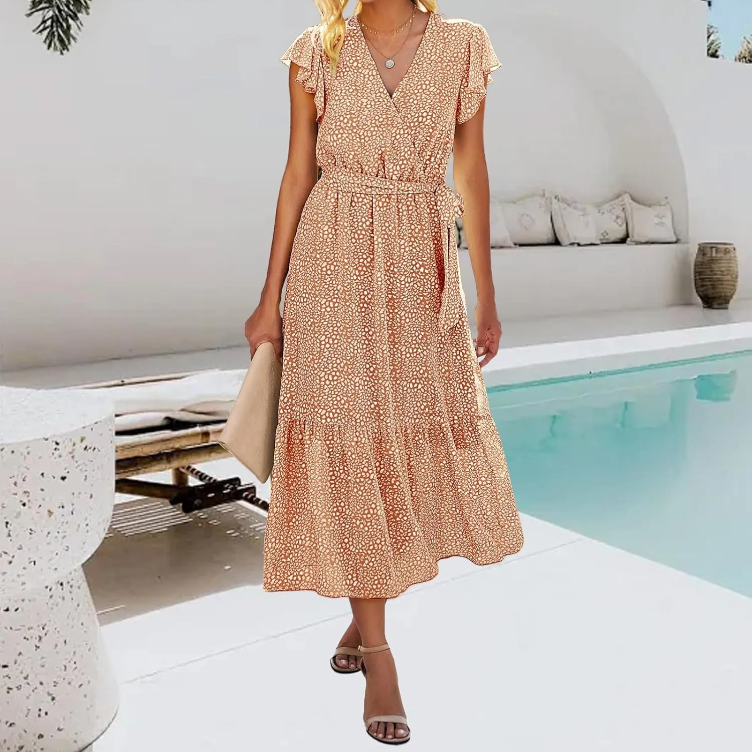 Summer Dresses for Women Boho Casual Wrap V Neck Tie Waist Ruffle Sleeve A Line Midi Sun Dress Tiered Sundress 2025