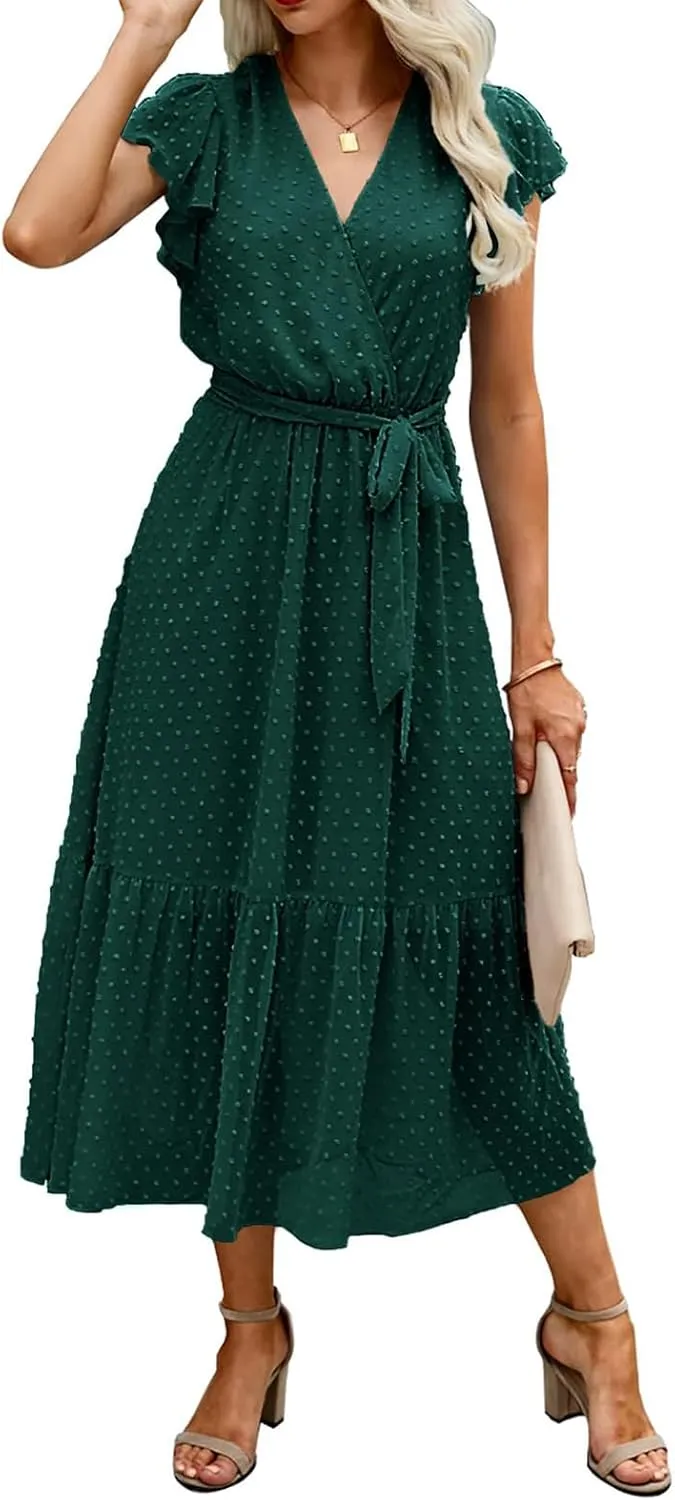 Summer Dresses for Women Boho Casual Wrap V Neck Tie Waist Ruffle Sleeve A Line Midi Sun Dress Tiered Sundress 2025