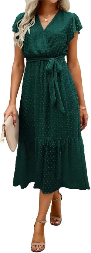 Summer Dresses for Women Boho Casual Wrap V Neck Tie Waist Ruffle Sleeve A Line Midi Sun Dress Tiered Sundress 2025