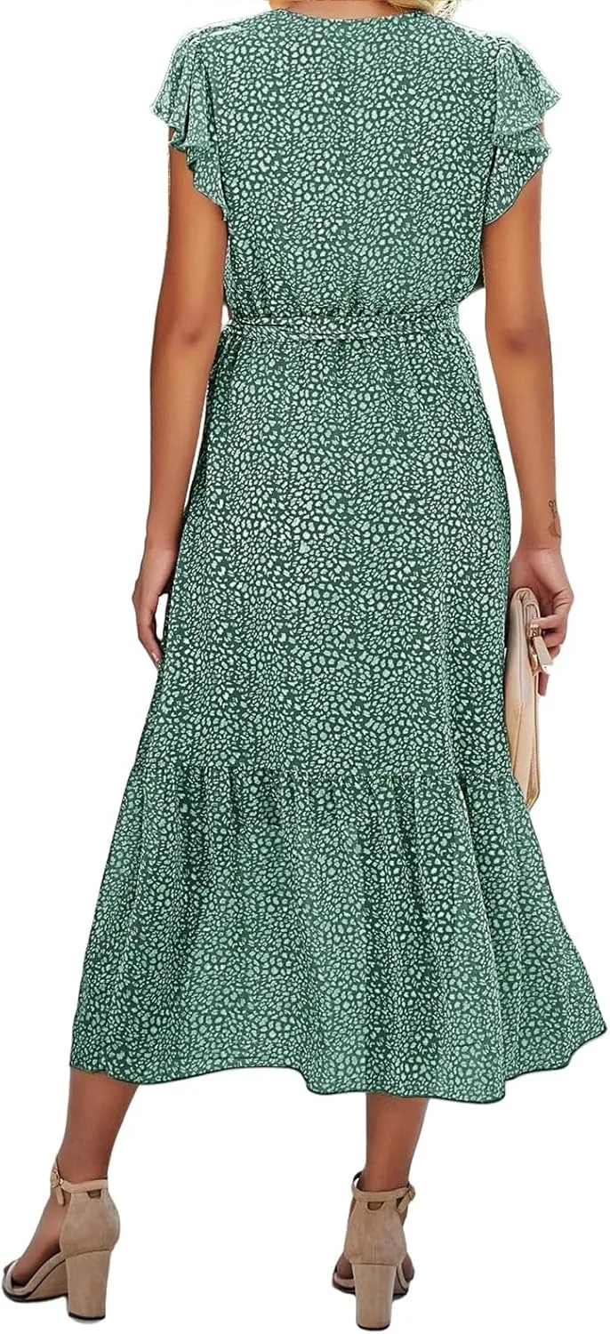 Summer Dresses for Women Boho Casual Wrap V Neck Tie Waist Ruffle Sleeve A Line Midi Sun Dress Tiered Sundress 2025
