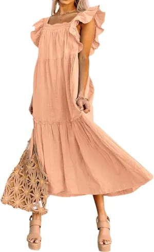Summer Dresses for Women Casual Ruffle Cap Sleeve Maxi Dress Aline Flowy Tiered Baby Doll Dress Long Beach Sundress