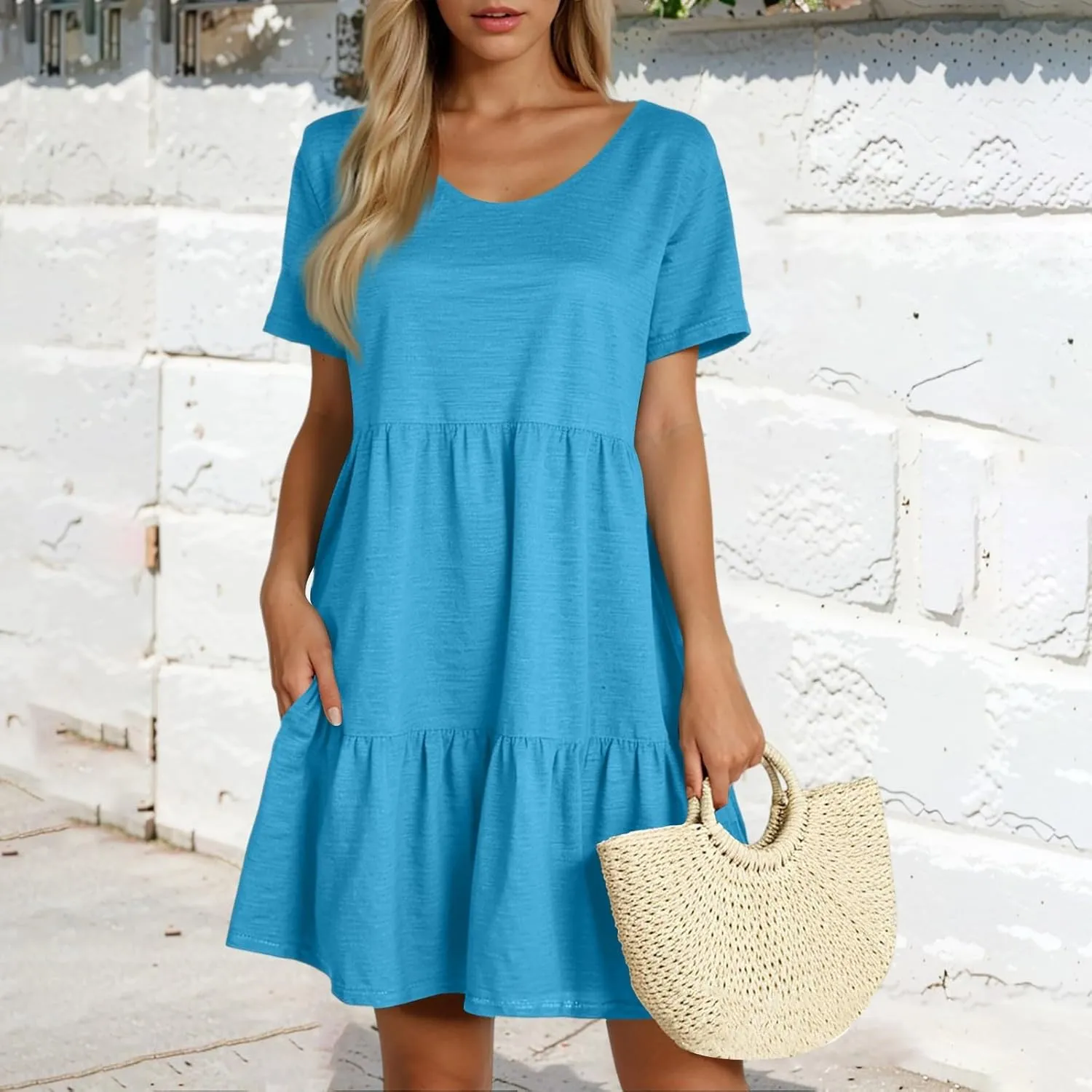 Summer Dresses for Women Crewneck Short Sleeve Babydoll Elegant Empire Waist Mini Swing Skater Dresses with Pockets