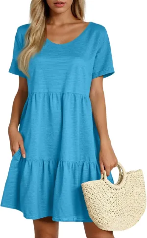 Summer Dresses for Women Crewneck Short Sleeve Babydoll Elegant Empire Waist Mini Swing Skater Dresses with Pockets