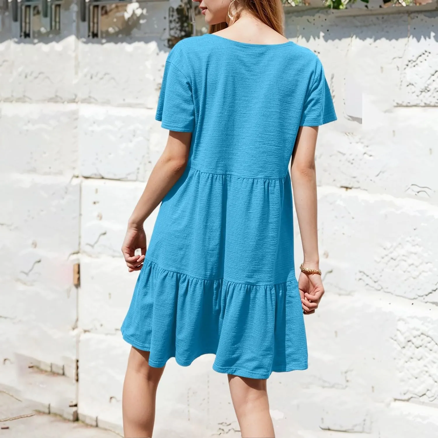 Summer Dresses for Women Crewneck Short Sleeve Babydoll Elegant Empire Waist Mini Swing Skater Dresses with Pockets