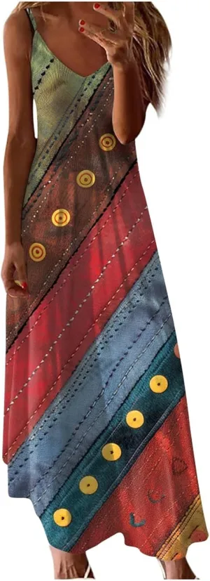 Summer Dresses for Women Vintage Elegant Floral Sexy Spaghetti Strap Sundresses Casual V Neck Long Maxi Dress 2025