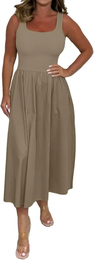 Summer Maxi Dress for Women Sleeveless Square Neck Long Tank Sundresses High Waist Swing Casual Dress 2025
