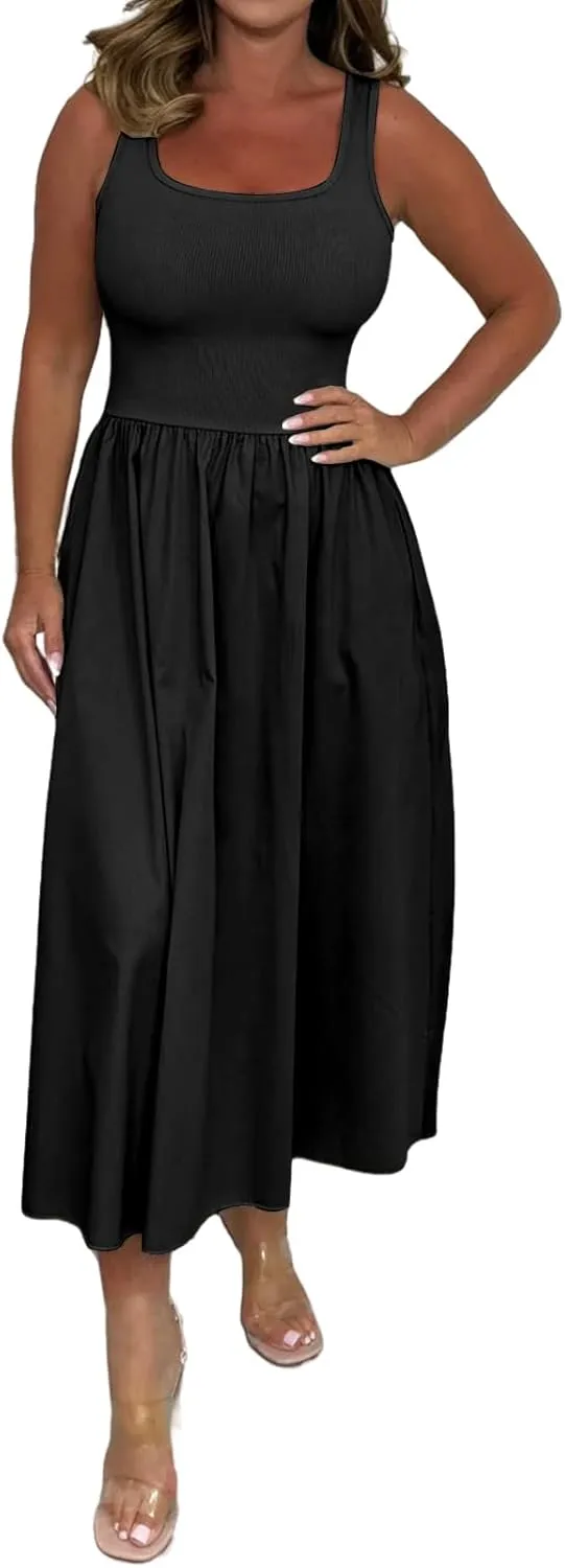 Summer Maxi Dress for Women Sleeveless Square Neck Long Tank Sundresses High Waist Swing Casual Dress 2025
