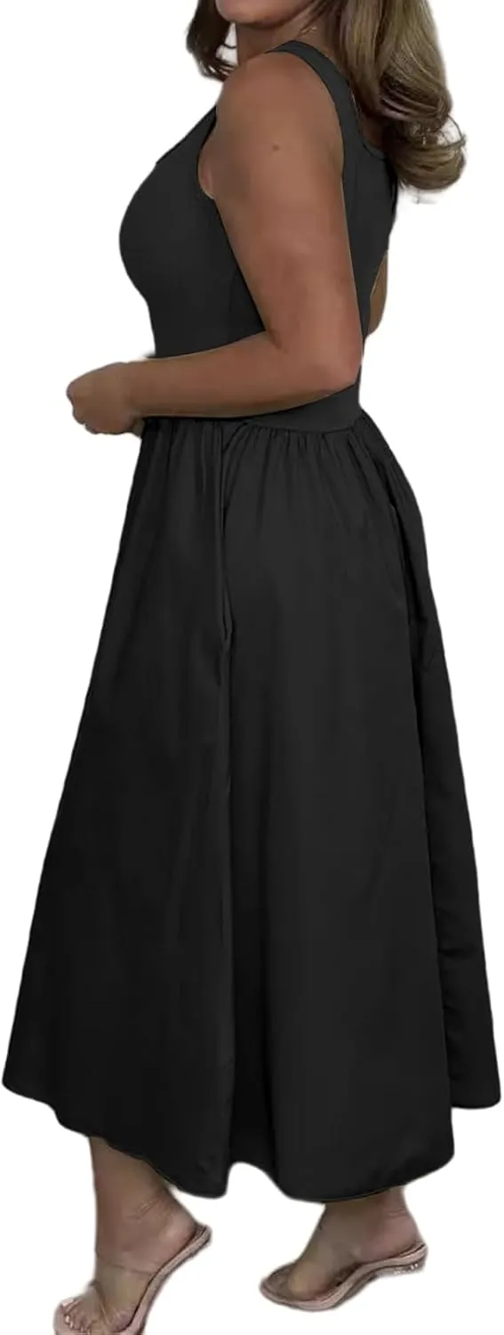 Summer Maxi Dress for Women Sleeveless Square Neck Long Tank Sundresses High Waist Swing Casual Dress 2025