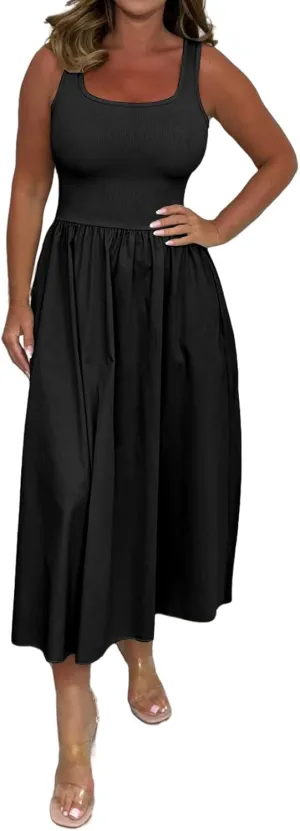 Summer Maxi Dress for Women Sleeveless Square Neck Long Tank Sundresses High Waist Swing Casual Dress 2025