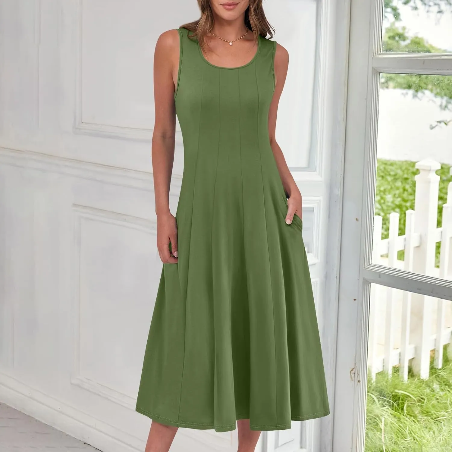 Sundresses for Women Tank Dress Summer Boho Dress Smocked Floral Dresses Casual Sleeveless Ruffle Dresses with Pockets