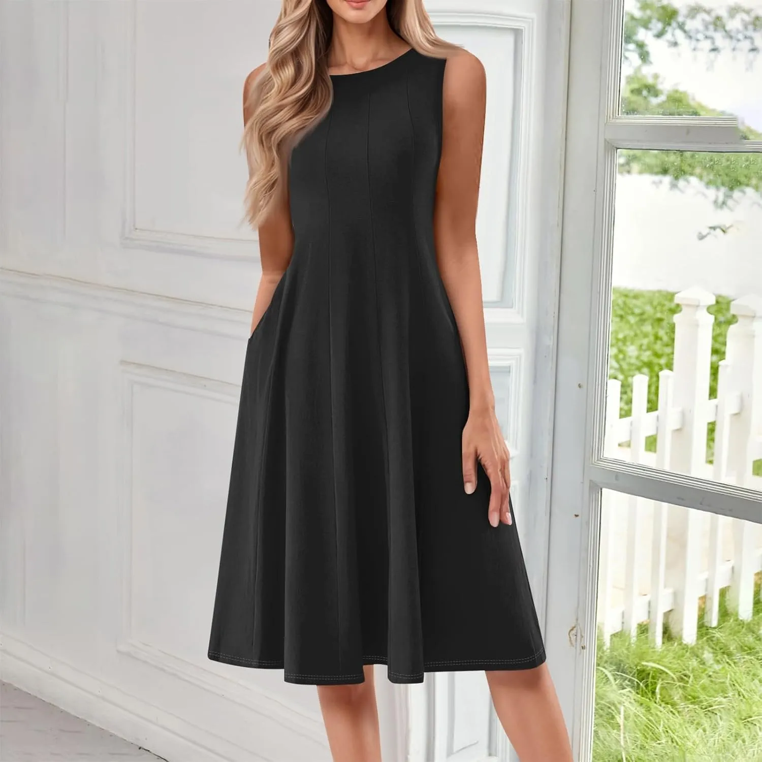 Sundresses for Women Tank Dress Summer Boho Dress Smocked Floral Dresses Casual Sleeveless Ruffle Dresses with Pockets