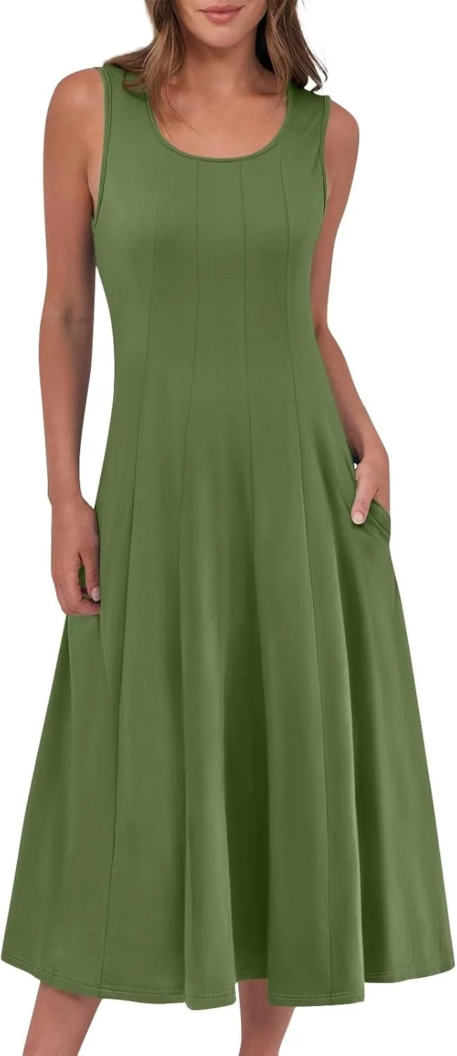 Sundresses for Women Tank Dress Summer Boho Dress Smocked Floral Dresses Casual Sleeveless Ruffle Dresses with Pockets