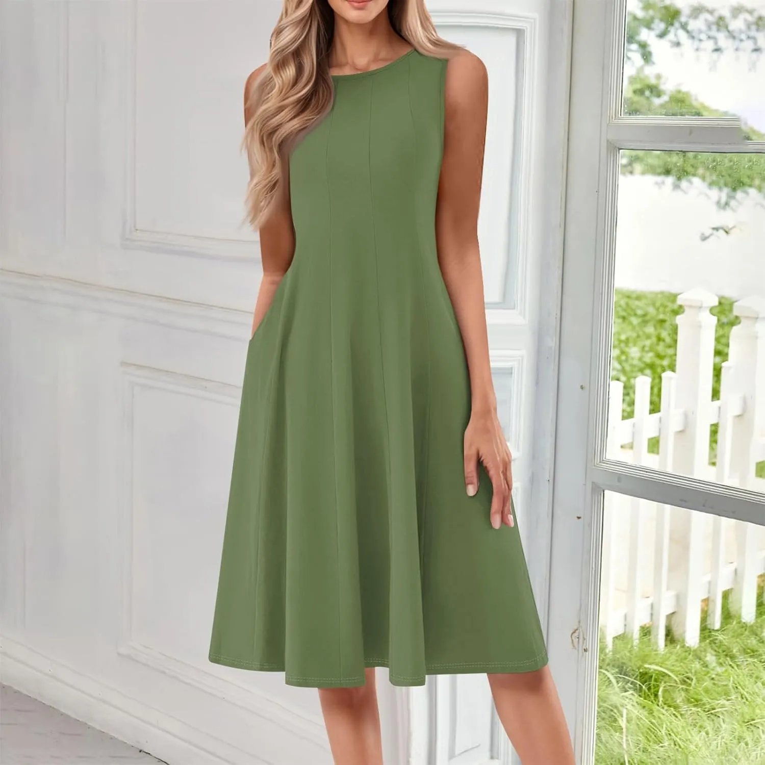 Sundresses for Women Tank Dress Summer Boho Dress Smocked Floral Dresses Casual Sleeveless Ruffle Dresses with Pockets
