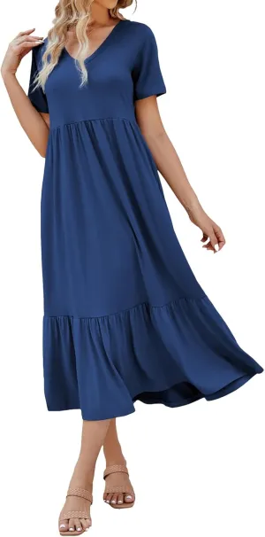 Sundresses for Women V Neck Ruffle Hem Dresses A Line Loose Fit High Waist Dress Flowy Tiered Elegant Dresses 2025
