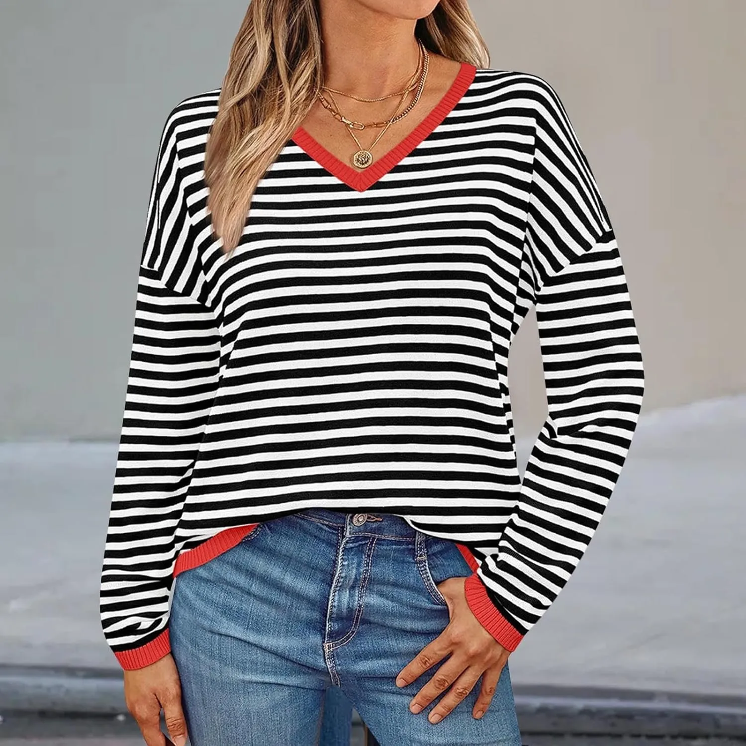 Sweaters for Women Contrasting Panel Crewneck Long Sleeve Pullover Women's Sweater Crewneck Pullover Knit Jumper
