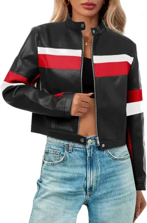 Tankaneo Womens Cropped Moto Biker Jackets Faux Leather Bomber Jacket Color Block Vintage Racing Coats