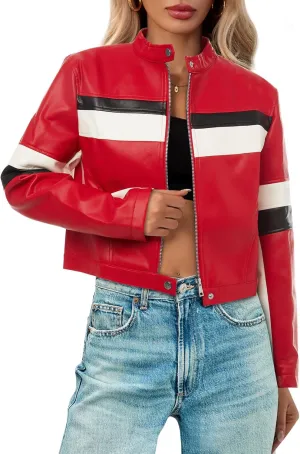 Tankaneo Womens Cropped Moto Biker Jackets Faux Leather Bomber Jacket Color Block Vintage Racing Coats