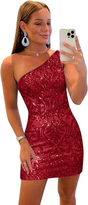 Tight One Shoulder Sequin Homecoming Dresses for Teens Sparkly Short Prom Cocktail Gown