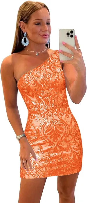 Tight One Shoulder Sequin Homecoming Dresses for Teens Sparkly Short Prom Cocktail Gown