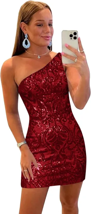 Tight One Shoulder Sequin Homecoming Dresses for Teens Sparkly Short Prom Cocktail Gown