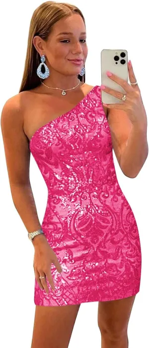 Tight One Shoulder Sequin Homecoming Dresses for Teens Sparkly Short Prom Cocktail Gown