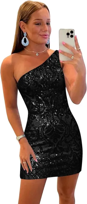 Tight One Shoulder Sequin Homecoming Dresses for Teens Sparkly Short Prom Cocktail Gown