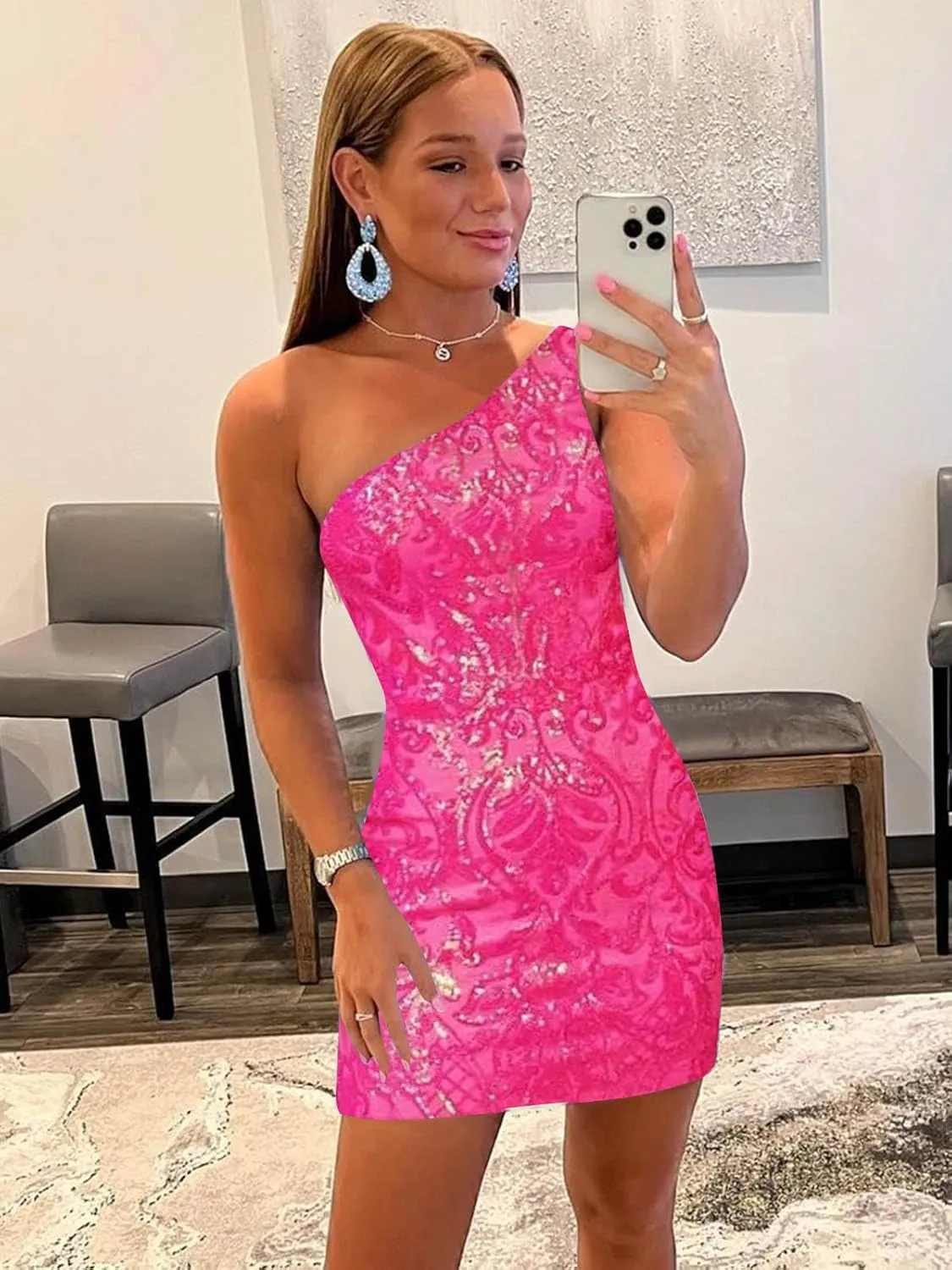 Tight One Shoulder Sequin Homecoming Dresses for Teens Sparkly Short Prom Cocktail Gown
