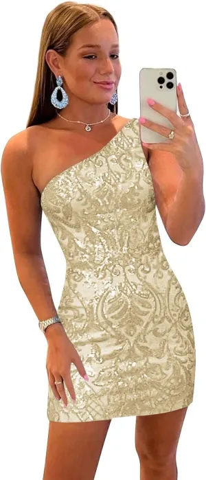 Tight One Shoulder Sequin Homecoming Dresses for Teens Sparkly Short Prom Cocktail Gown