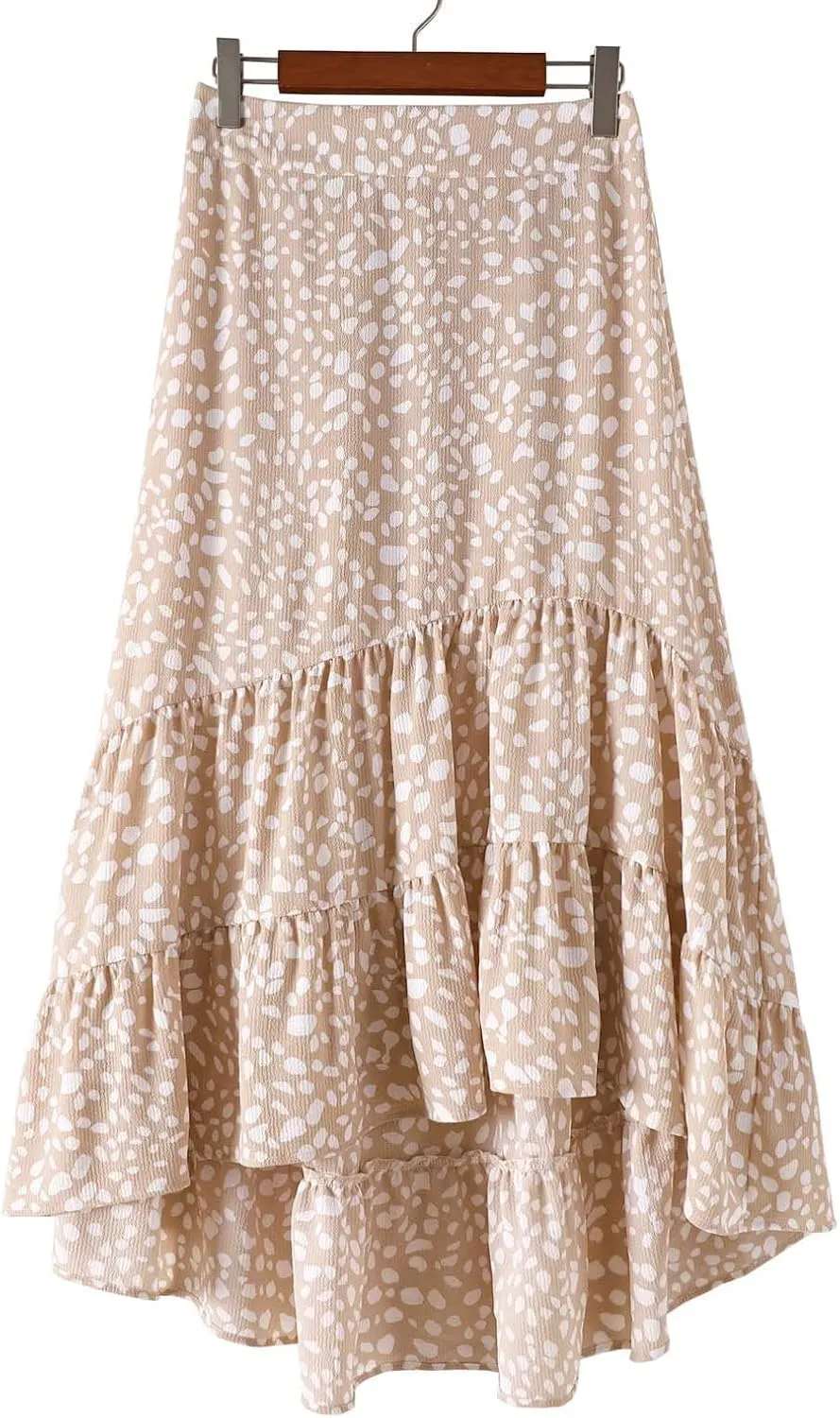 tuduoms Summer Womens Boho Beach Skirts Cute High Waist Disty Floral Flowy Skirts A-Line Tiered Ruffle High Low Swing Skirts