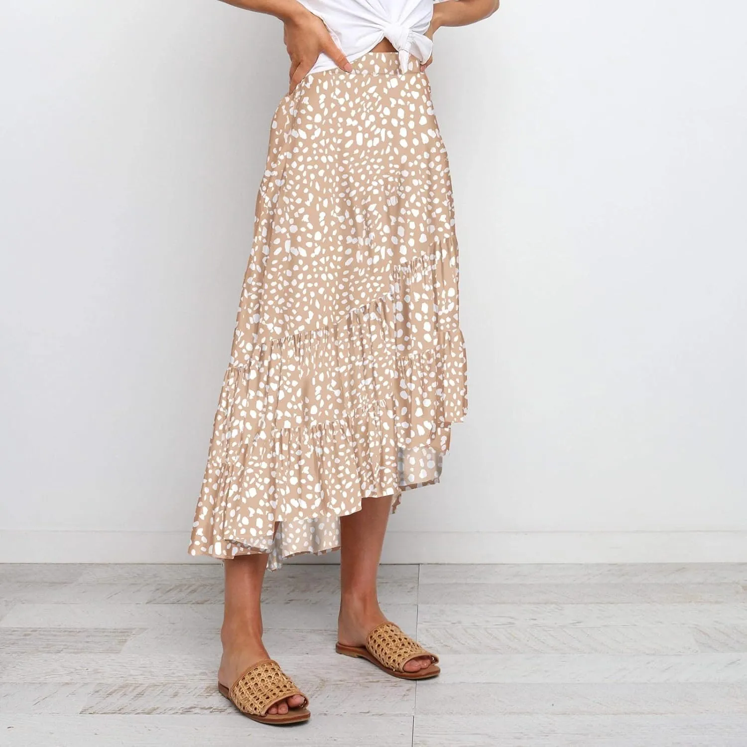 tuduoms Summer Womens Boho Beach Skirts Cute High Waist Disty Floral Flowy Skirts A-Line Tiered Ruffle High Low Swing Skirts