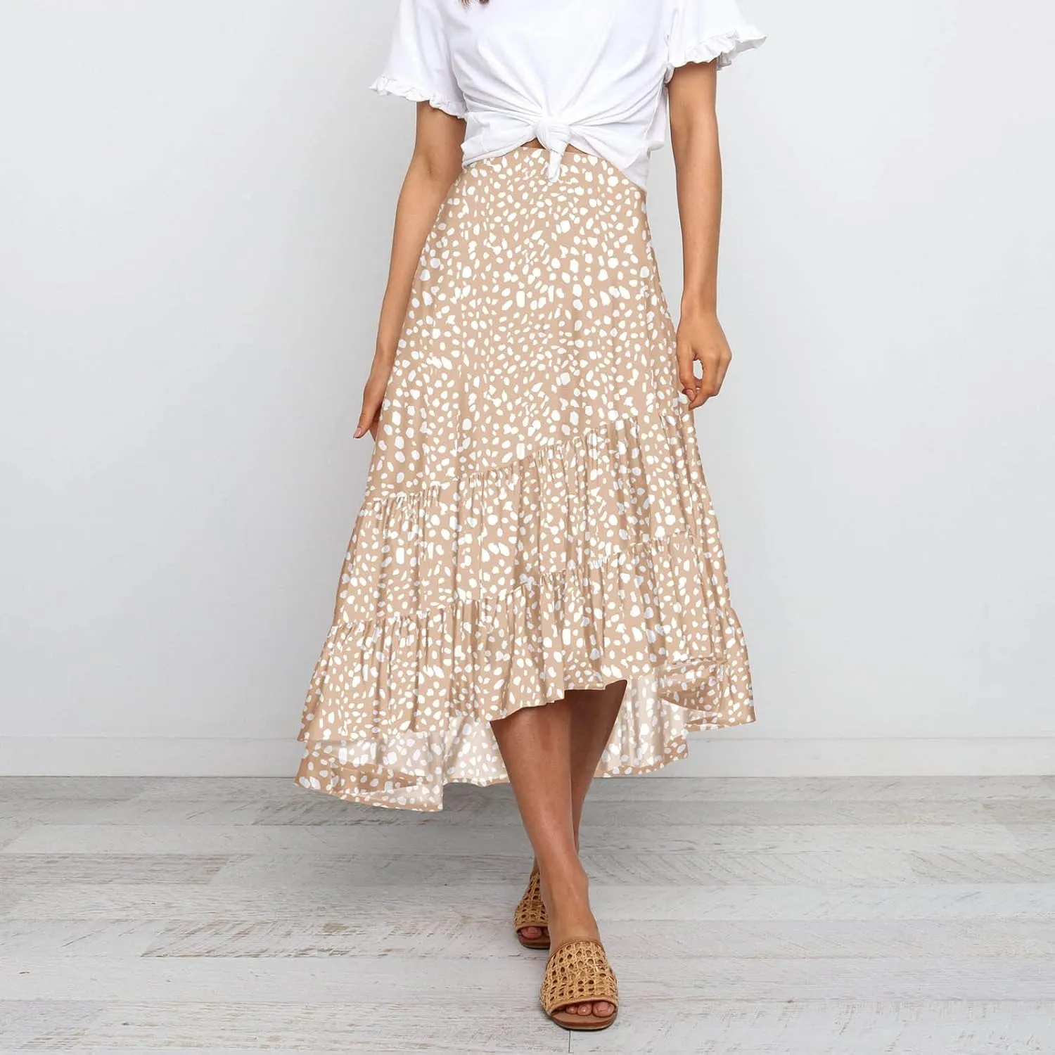 tuduoms Summer Womens Boho Beach Skirts Cute High Waist Disty Floral Flowy Skirts A-Line Tiered Ruffle High Low Swing Skirts