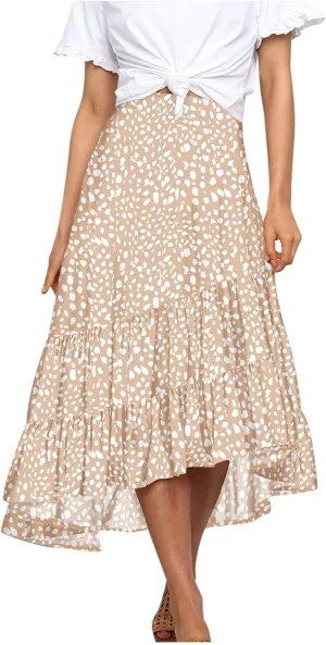 tuduoms Summer Womens Boho Beach Skirts Cute High Waist Disty Floral Flowy Skirts A-Line Tiered Ruffle High Low Swing Skirts