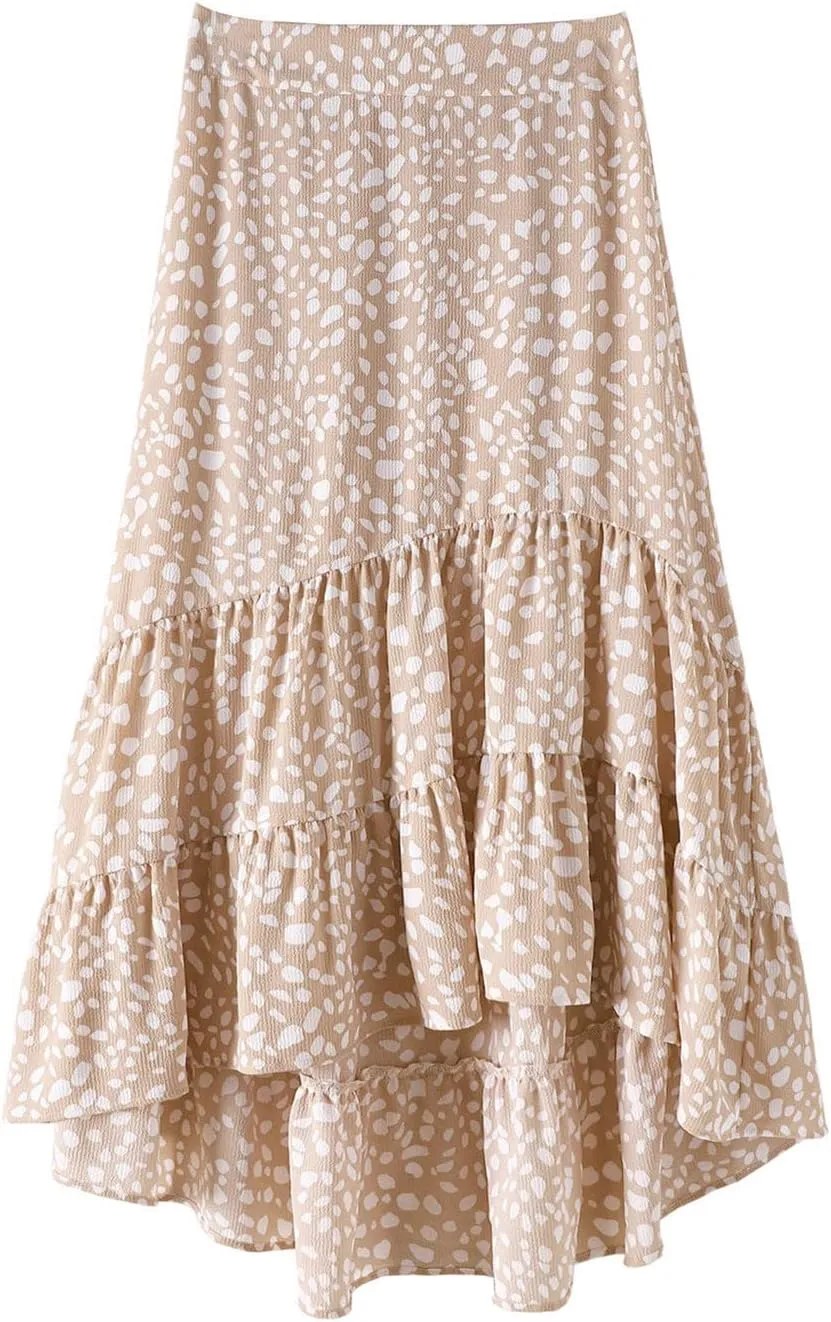 tuduoms Summer Womens Boho Beach Skirts Cute High Waist Disty Floral Flowy Skirts A-Line Tiered Ruffle High Low Swing Skirts