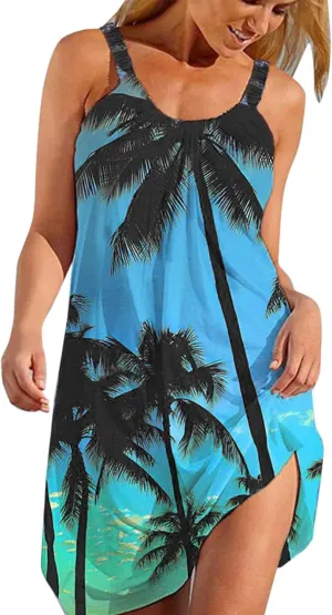 tuduoms Summer Women's Tropical Print Sundress Sleeveless Flowy Mini Beach Dress Casual Empire Waist Strappy Shift Dresses